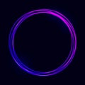 Neon circle design. Futuristic frame effect. Vibrant color element. Glowing ring template. Purple electric light. Modern Royalty Free Stock Photo