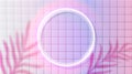 Neon circle frame, glowing lamp border on pink ceramic wall. Blurred palm leaves shadow overlay. Trendy futuristic