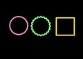 Neon circle Frame. Set of pink round, green polyhedron and yellow square neons on black background. Geometric shape with copy