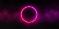 Neon circle frame with smoke cloud, glowing gradient ring with colorful fog. Illuminated realistic night scene.