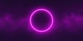 Neon circle frame with smoke cloud, glowing gradient ring with colorful fog. Illuminated realistic night scene.