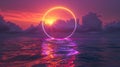 Neon circle glowing over ocean at sunset Royalty Free Stock Photo