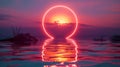 Neon circle glowing over tranquil water at sunset Royalty Free Stock Photo