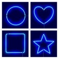 Neon circle, heart, square and star on dark background. Vector realistic different shape blue neon frames.