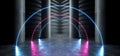 Neon Circle Laser Fluorescent Purple Blue Futuristic Column Garage Showroom Tunnel Corridor Concrete Metal Grunge Reflective Empty Royalty Free Stock Photo