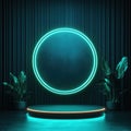 Neon Circle and Podium in Dark Room. Royalty Free Stock Photo