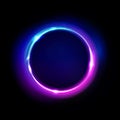 Neon circle sign vector. Light and glow round frame isolated on black background. Purple, violet, blue and pink electric