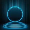 Neon Circle Stage Backdrop: Abstract Blue Glowing Podium with Dark Background. Royalty Free Stock Photo