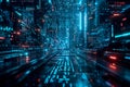 Neon Circuit Board City Perspective. Created with Generative AI
