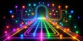 Neon Circuit Path Rainbow Lines, Glowing Nodes, Digital Gateway