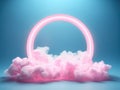 Neon circular frame with pink clouds. Fantasy copy space background.