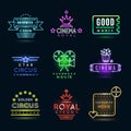 Neon circus and cinema or movie vector emblems