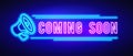 Vector illustration Colorful Coming Soon Neon Sign With Megaphone On Dark Background. Royalty Free Stock Photo