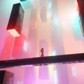 Astronaut standing in a colorful futuristic city with neon lights
