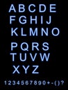 Neon city color blue font. English alphabet, numbers sign