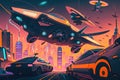 neon city cross with futuristic hover cars and flying taxis