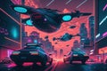 neon city cross with futuristic hover cars and flying taxis