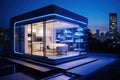 Neon City Dream: Futuristic Tiny Container Capsule House with Smart Home Automation. Royalty Free Stock Photo