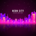 Neon city landscape with glow and bright colors. Sci-fi background. Silhouette of futuristic town. Retro style 80s. Vector