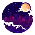 Neon city with moon, stars and ocean, vector illustration