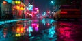 Neon City Nights Rainslicked Streets Vibrant Reflections Royalty Free Stock Photo