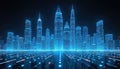Neon city skyline concept. Digital building blueprint hologram illustration. Futuristic glow wireframe cityscape. Tech business Royalty Free Stock Photo