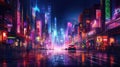 Neon city. A sports car drives along an empty street of a glowing city at night. Violet-blue gamma