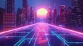 A neon cityscape with a futuristic looking road and buildings, AI Royalty Free Stock Photo