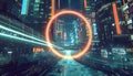 A neon cityscape with a glowing circle in the middle by AI generated image