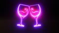 Neon clinking glasses of wine. Festive 3d render party symbol with purple and pink glow on dark surface