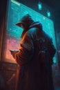 neon-cloaked assassin, crouching in the darkness digital art poster AI generation