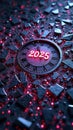 2025 neon clock amidst dark shattered glass and red sparkles Royalty Free Stock Photo