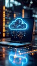 Neon cloud computing design on a laptop screen, data transfer concept. Royalty Free Stock Photo