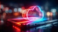 Neon cloud computing icon streaming data from a tablet device, symbolizing fast digital transfer, cloud storage, and Royalty Free Stock Photo