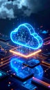 Neon cloud computing illustration with data lines and circuit board elements. Royalty Free Stock Photo