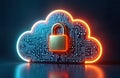 Neon cloud graphic with locked padlock. Futuristic tech concept for data protection. Cloud storage security system. Cybersecurity Royalty Free Stock Photo