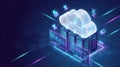 Neon cloud hovering over data center servers and UI dashboards represents healthcare cloud computing Royalty Free Stock Photo