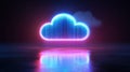 Neon Cloud Icon with Colorful Lights and Reflections in Dark Space