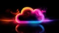 Neon cloud icon glowing in vibrant colors, smoke effects, dark background