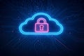 Neon cloud icon with padlock on digital circuit board background cloud computing security Royalty Free Stock Photo