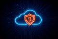 Neon cloud icon with shield and keyhole on digital circuit board background cloud computing security Royalty Free Stock Photo