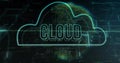Neon cloud icon showing CLOUD hovering over grid with numeric data streams and wireframe patterns Royalty Free Stock Photo