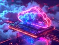 Neon cloud and microchip fusion: immersive multimedia IoT experience with futuristic technology trends generative ai Royalty Free Stock Photo