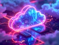 Neon cloud and microchip fusion: immersive multimedia IoT experience with futuristic technology trends generative ai Royalty Free Stock Photo