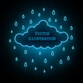 Neon cloud and raindrops on dark background. Stylish glowing illustration. Magic colored vector