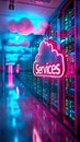 Neon cloud services sign floating over a server room filled with data racks, symbolizing modern cloud computing and data storage
