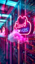 Neon cloud services sign floating over a server room filled with data racks, symbolizing modern cloud computing and data storage