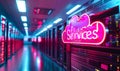 Neon cloud services sign floating over a server room filled with data racks, symbolizing modern cloud computing and data storage