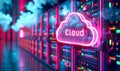 Neon cloud services sign floating over a server room filled with data racks, symbolizing modern cloud computing and data storage