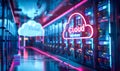 Neon cloud services sign floating over a server room filled with data racks, symbolizing modern cloud computing and data storage